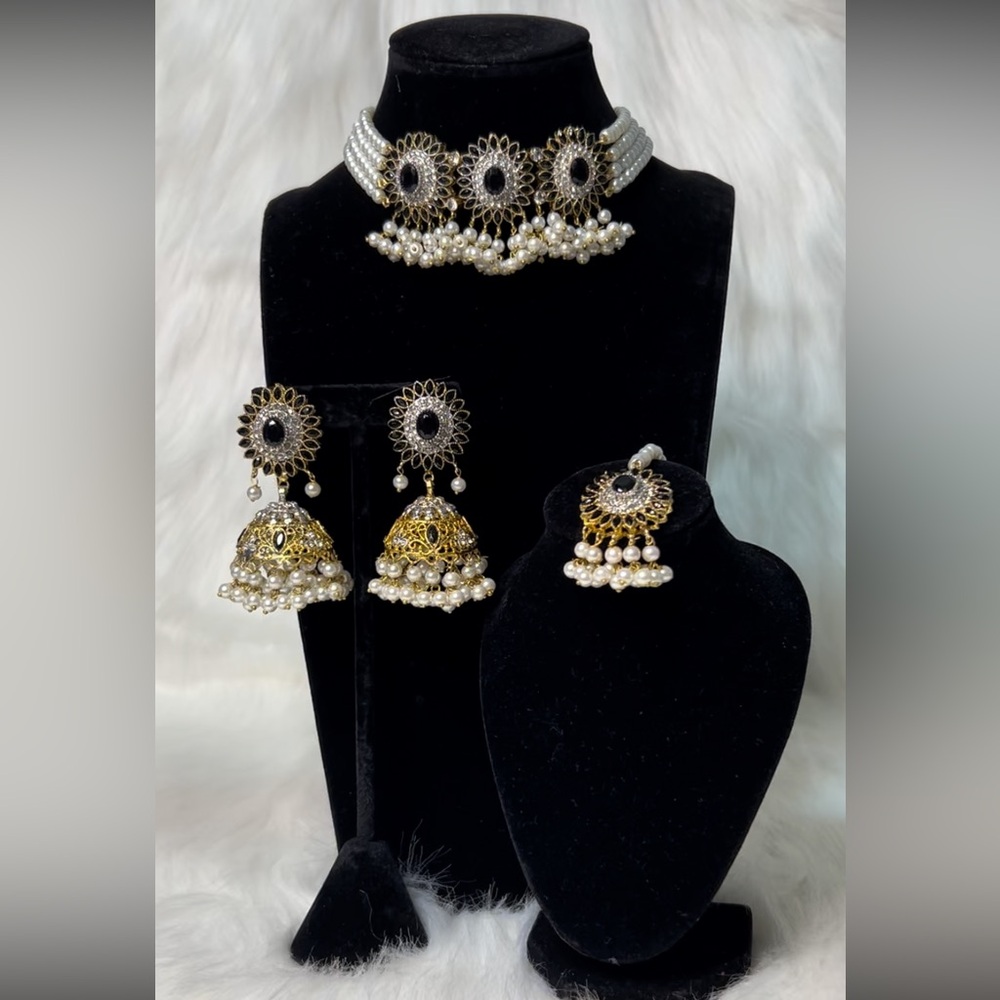 Beautiful Black Gold Pearls Choker Necklace With Jhumkas and Tikka